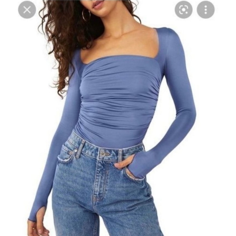 Free People Wind Down Layering Fitted Square Neck Top Women's S Blue Boho Retro - Picture 2 of 13
